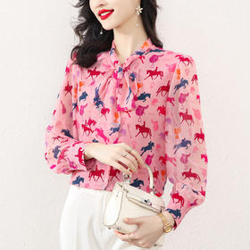 粉色飘带蝴蝶结衬衫，春秋小众甜美上衣仙气雪纺衫花色衬衣KQL-E253N8027
