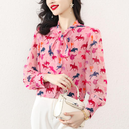 粉色飘带蝴蝶结衬衫，春秋小众甜美上衣仙气雪纺衫花色衬衣KQL-E253N8027 商品图0