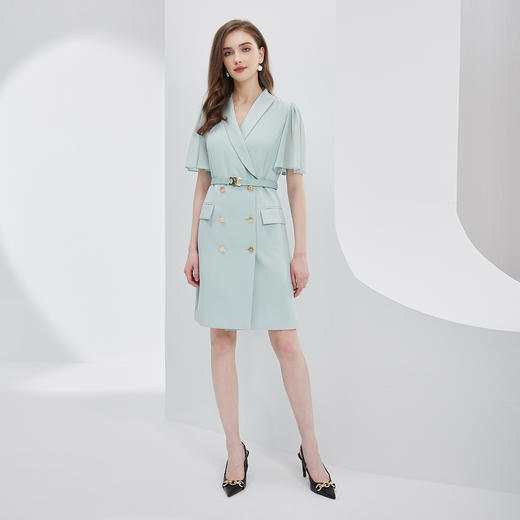 NF874斯尔丽瑟俪2023夏季新款双排扣收腰显瘦气质修身雪纺飘逸袖连衣裙 商品图3