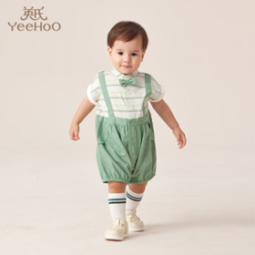 英氏婴儿连体衣23夏季新款男宝短蛤衣假2件短哈衣爬服YRHBJ2P231A