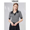 VIMAGE纬漫纪夏季新款时尚气质棋盘格通勤翻领短款短袖针织衫VB2301104 商品缩略图3