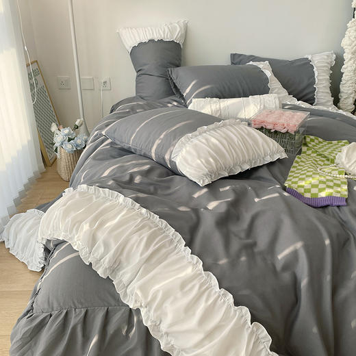 【床上用品】法式花边褶皱被套四件套公主风纯色床裙床上三件套 商品图2