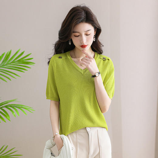 V领冰丝针织短袖t恤，夏装新款薄款鸡心领上衣洋气半袖小衫CC-SY8333 商品图2