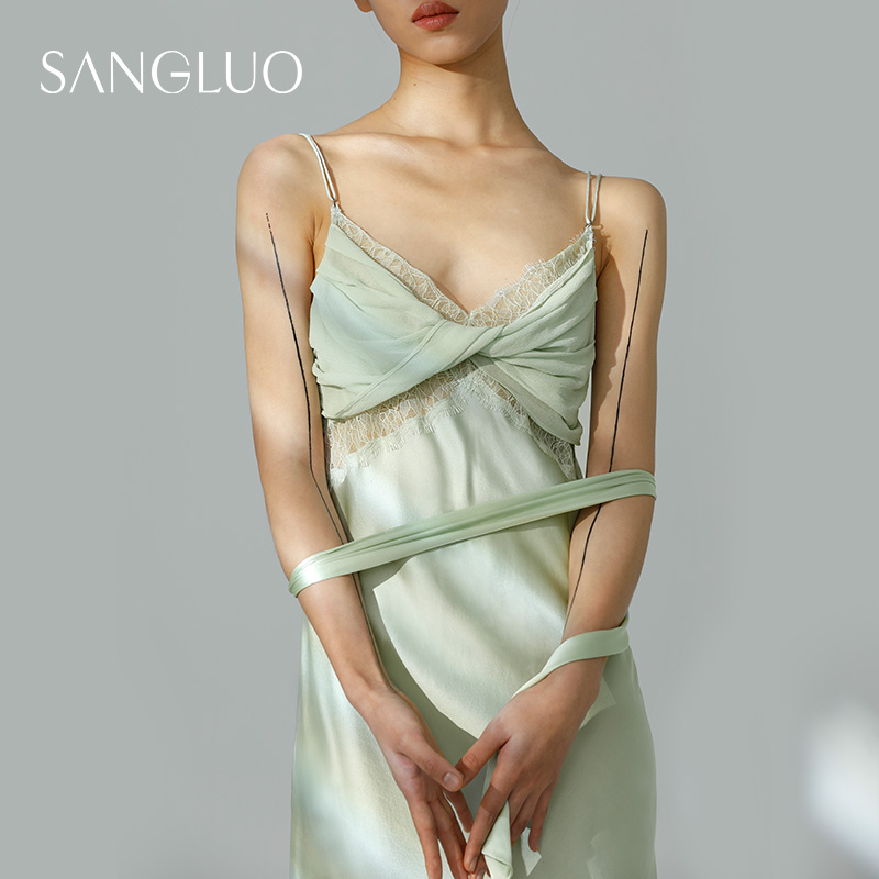 新品|蕾丝拼接 薄荷绿拼接SANGLUO真丝黑白色桑蚕丝礼服吊带睡裙