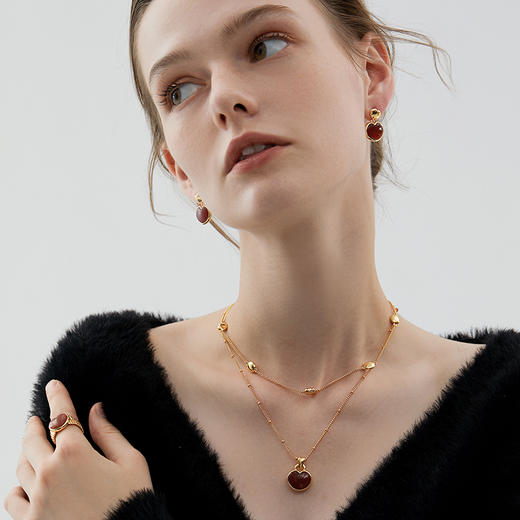 盐岛	笛卡尔大小胖心红玛瑙耳环金色 商品图2