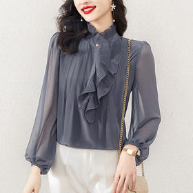 法式洋气，优雅荷叶边仿真丝衬衫春新款女装感别致长袖衬衣KQL-E253N8029