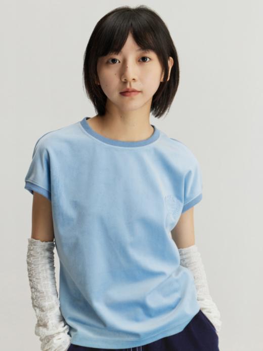 CryingCenter 丝绒法式袖合身正肩泪水蓝刺绣短袖 商品图1