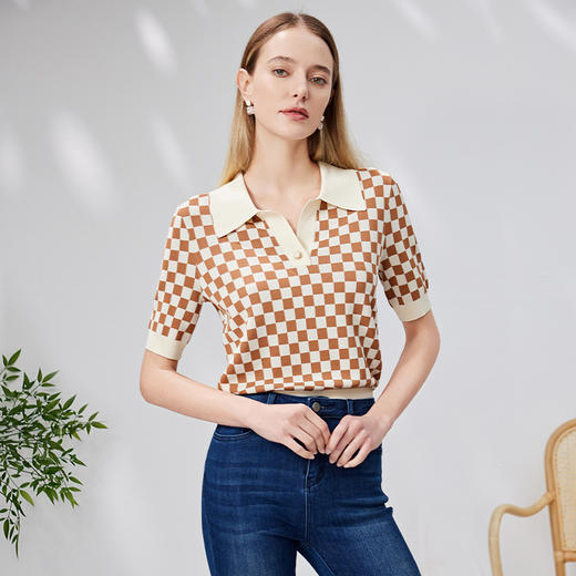EITIE爱特爱夏季新款时尚气质棋盘格通勤翻领短款短袖针织衫B2301114 商品图7