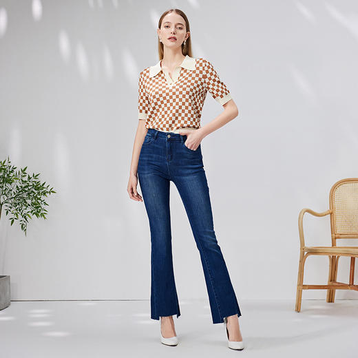 EITIE爱特爱夏季新款时尚气质棋盘格通勤翻领短款短袖针织衫B2301114 商品图9