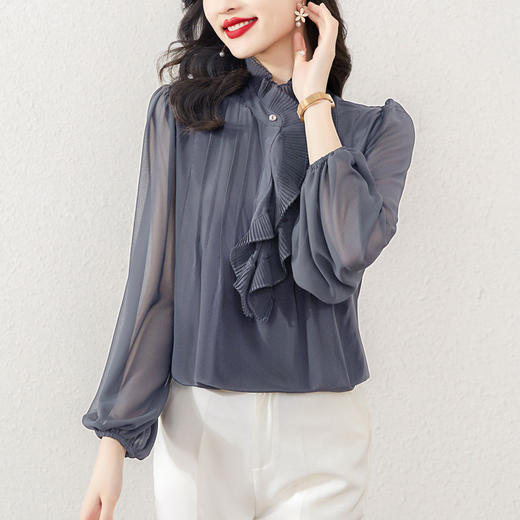 法式洋气，优雅荷叶边仿真丝衬衫春新款女装感别致长袖衬衣KQL-E253N8029 商品图1