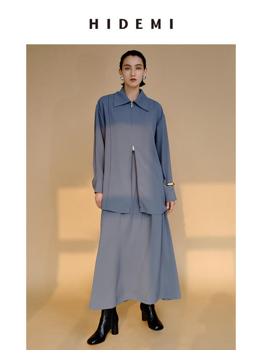 HIDEMI 极简斜纹双头拉链海军领缎面感套装 上衣/半身裙 商品图1