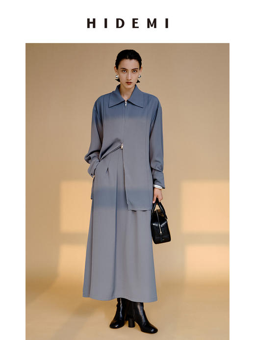 HIDEMI 极简斜纹双头拉链海军领缎面感套装 上衣/半身裙 商品图2