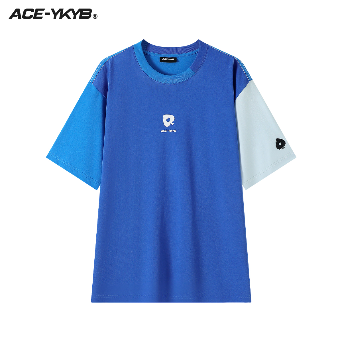 YKYB 23SS黑桃爱心蓝色拼接短袖T恤复古配色宽松廓形圆领上衣潮