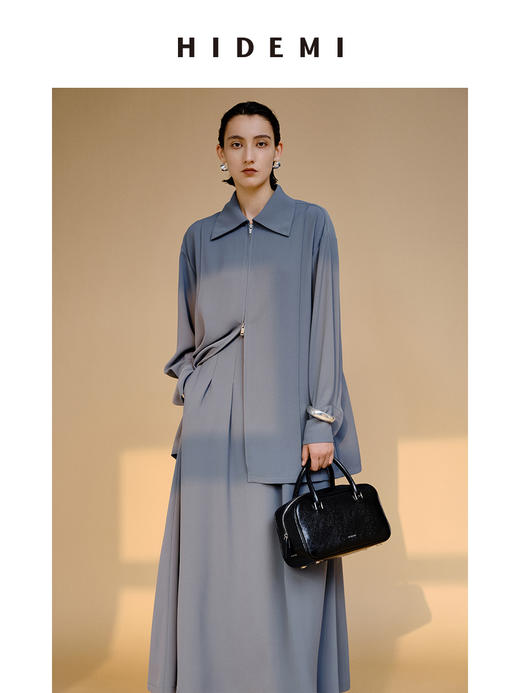 HIDEMI 极简斜纹双头拉链海军领缎面感套装 上衣/半身裙 商品图4