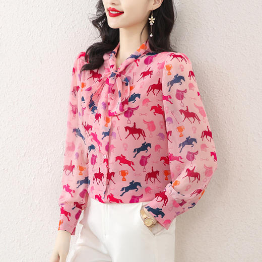 粉色飘带蝴蝶结衬衫，春秋小众甜美上衣仙气雪纺衫花色衬衣KQL-E253N8027 商品图1