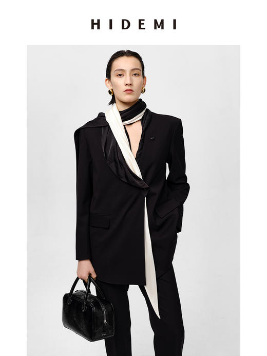HIDEMI 极简双层双面缎面丝巾 黑色/白色 商品图2