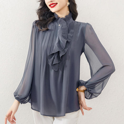 法式洋气，优雅荷叶边仿真丝衬衫春新款女装感别致长袖衬衣KQL-E253N8029 商品图3