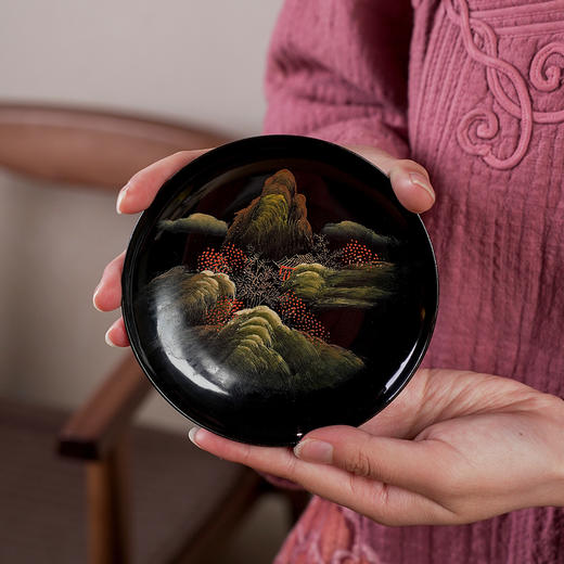 泰山大漆/青绿山水杯托 【图案随机发】 怀旧复古大漆杯托手绘青山绿水杯垫壶承底托 商品图2