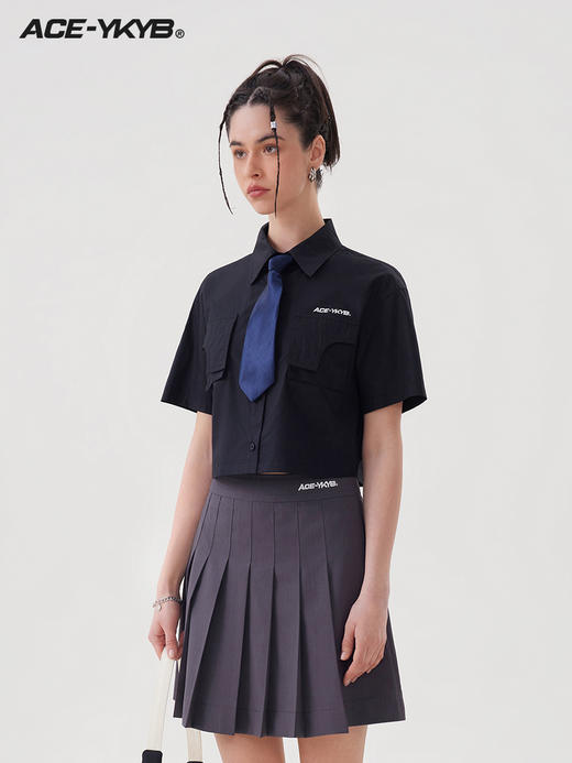 YKYB 23SS复古学院风短款衬衫女撞色领带可拆卸上衣休闲百搭潮 商品图1