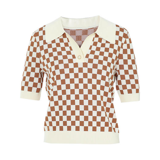 EITIE爱特爱夏季新款时尚气质棋盘格通勤翻领短款短袖针织衫B2301114 商品图11