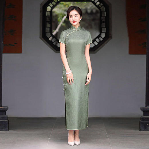 桑蚕丝正娟复古旗袍真襟桑蚕丝提花长旗袍TZRY 商品图0