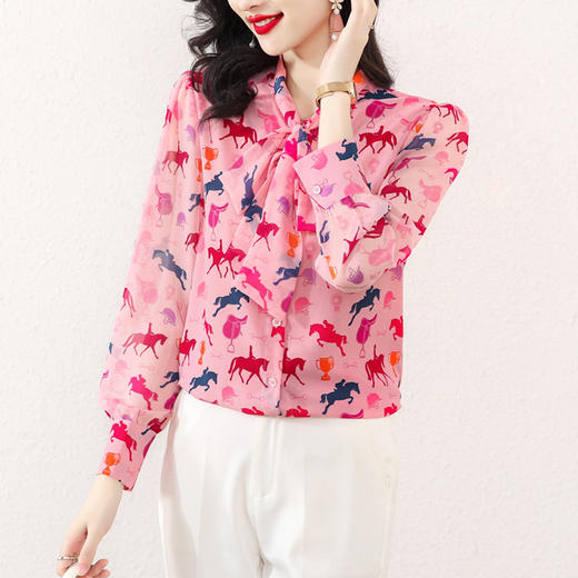 粉色飘带蝴蝶结衬衫，春秋小众甜美上衣仙气雪纺衫花色衬衣KQL-E253N8027 商品图2