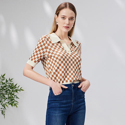EITIE爱特爱夏季新款时尚气质棋盘格通勤翻领短款短袖针织衫B2301114 商品图8