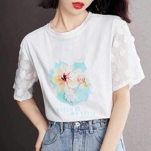 夏季新款，棉质风蕾丝拼接小衫短袖T恤S92327027 商品图0
