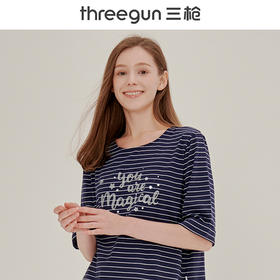 Threegun三枪 【爽滑密棉】彩条圆领女士中袖上衣打底衫-23498A911