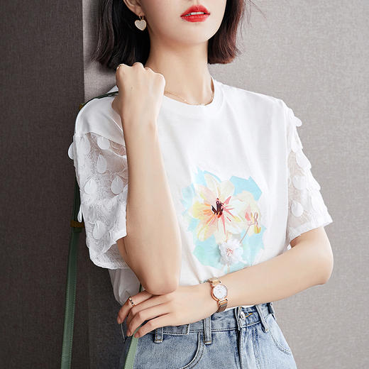 夏季新款，棉质风蕾丝拼接小衫短袖T恤S92327027 商品图3
