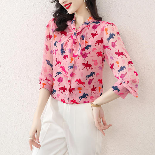 粉色飘带蝴蝶结衬衫，春秋小众甜美上衣仙气雪纺衫花色衬衣KQL-E253N8027 商品图3