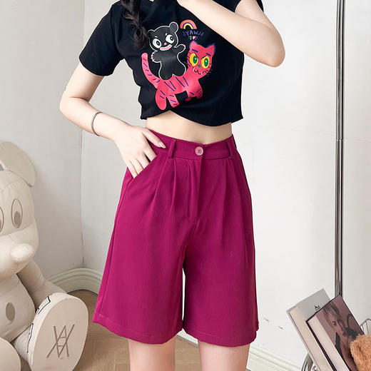 【五分裤口袋款马卡龙西装短裤】女夏季薄款运动休闲裤松紧高腰直筒裤 商品图13