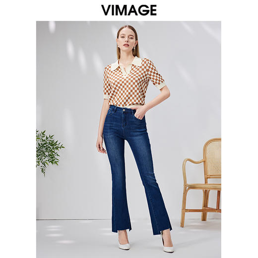 VIMAGE纬漫纪夏季新款时尚气质棋盘格通勤翻领短款短袖针织衫VB2301104 商品图6