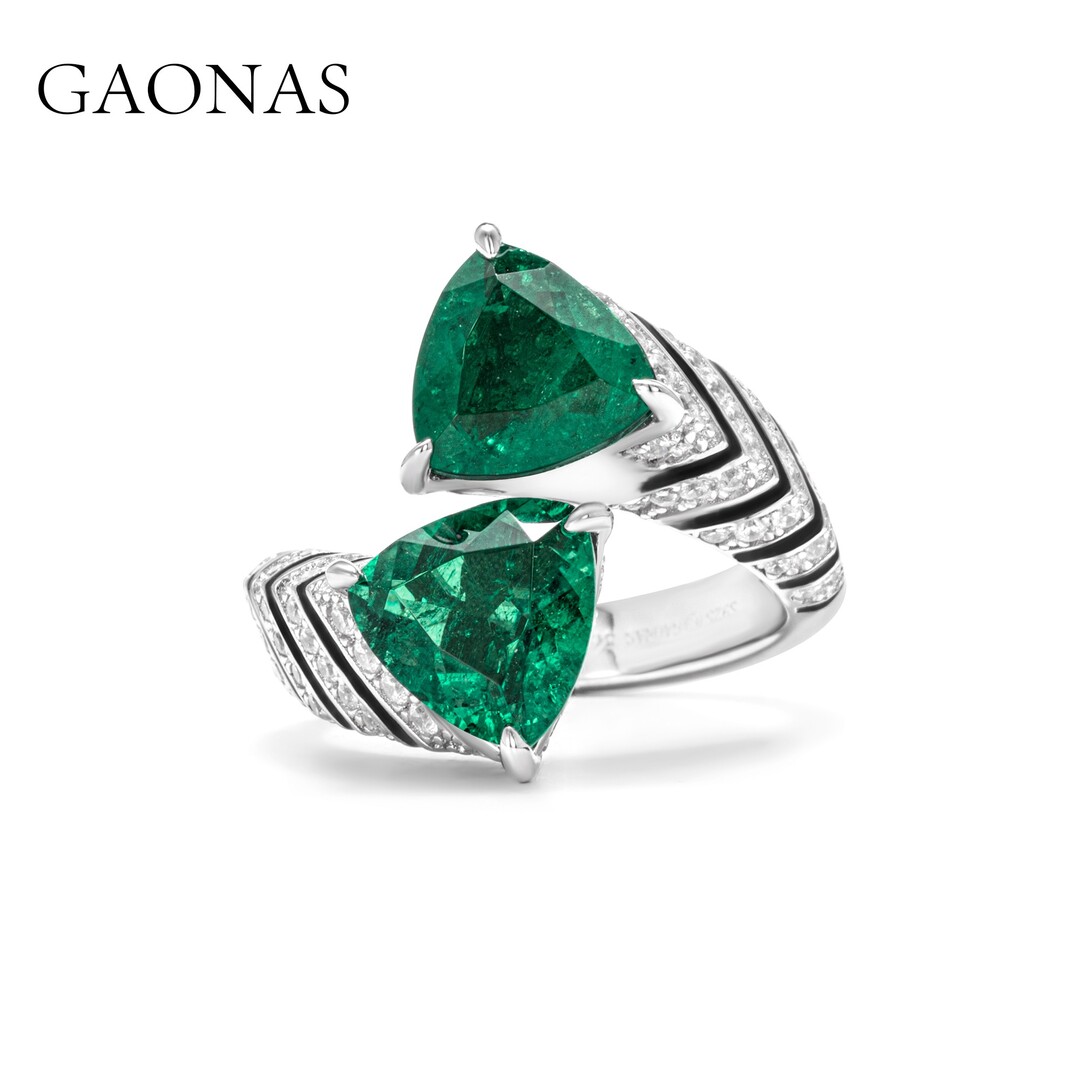 GAONAS 925银锆石戒指 高纳仕 气质简约绿色开口戒指GJ041663