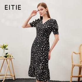 EITIE爱特爱夏季新款时尚V领高腰显瘦印花泡泡袖连衣裙7007749