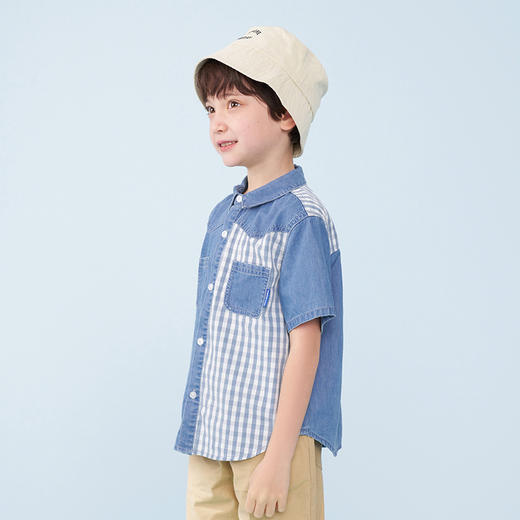 mettekids儿童短袖牛仔衬衫夏季男童纯棉衬衣中大童休闲撞色上衣 商品图0