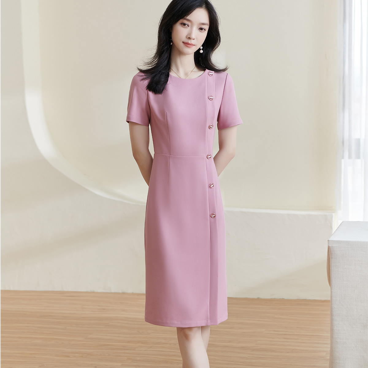 米思阳2025夏季新款气质通勤高级混纺短袖连衣裙遮肉显瘦中长裙子0958