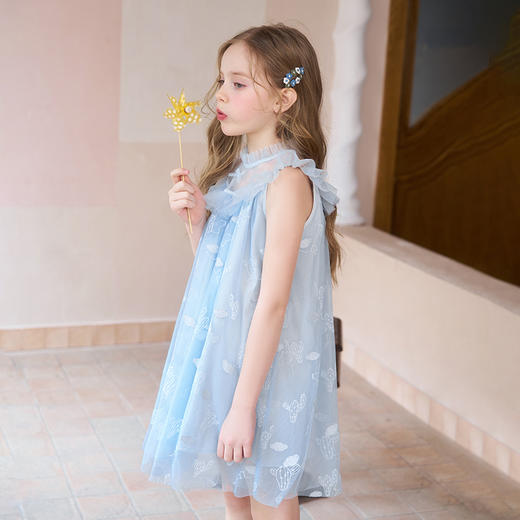 mettekids女童连衣裙夏季女孩甜美网纱公主裙儿童蓝色绣花裙子 商品图2