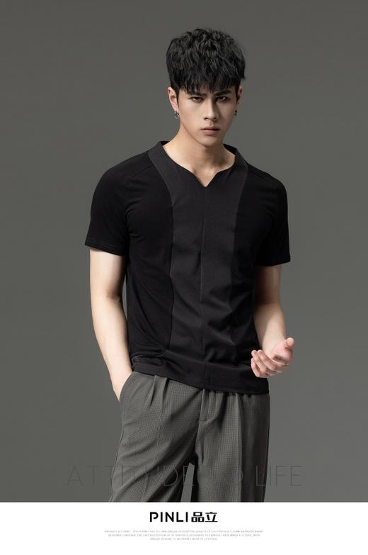 PINLI品立夏季新款男装修身V领上衣休闲短袖T恤纯色潮牌男士体恤B222111030 商品图0