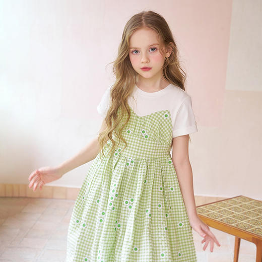 mettekids女童连衣裙夏季洋气时髦公主裙童装儿童短袖绿格裙子 商品图3