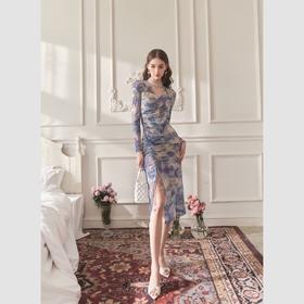 BeQueenStory【莫奈花房】高端上档次甜美花色v领连衣裙2023春季新款女