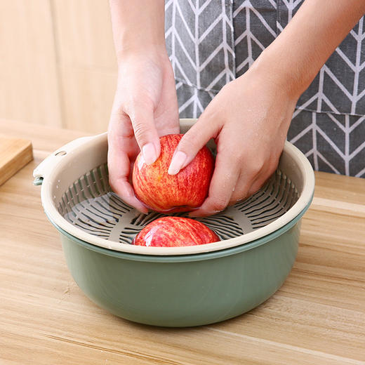 「双层沥水！三色可选」厨房用品双层水果蔬菜塑料撞色沥水篮 圆形塑料加厚收纳整理洗菜沥水篮 商品图0