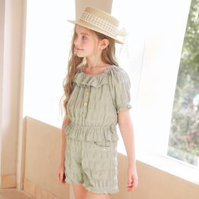 mettekids女童套装夏季女孩绿色格纹短袖t恤上衣儿童休闲短裤童装