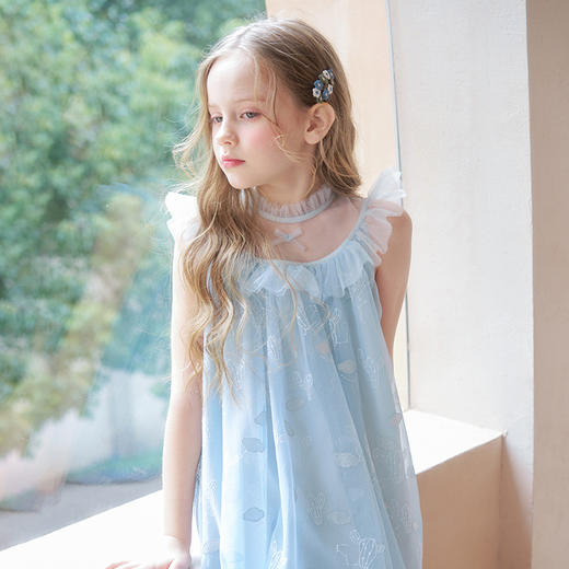 mettekids女童连衣裙夏季女孩甜美网纱公主裙儿童蓝色绣花裙子 商品图3