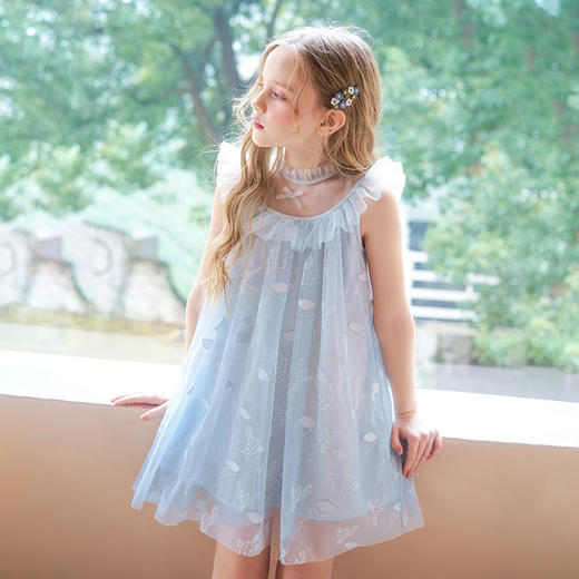 mettekids女童连衣裙夏季女孩甜美网纱公主裙儿童蓝色绣花裙子 商品图0