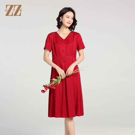 佐尔美夏季新款 提花弹力缎气质时尚桑蚕丝真丝连衣裙女E22LS12 商品图0