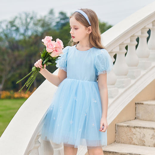 mettekids女童连衣裙夏季儿童网纱公主裙大童洋气时髦天蓝色裙子 商品图0