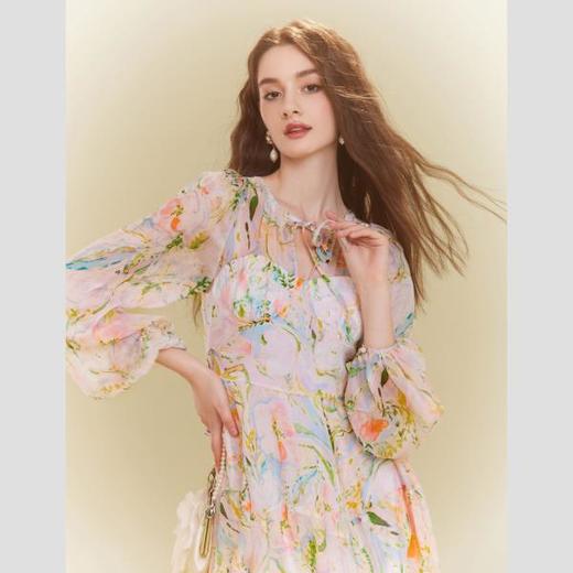 【花艺美术馆】轻奢高端气质100桑蚕丝碎花连衣裙2023春新款 商品图2