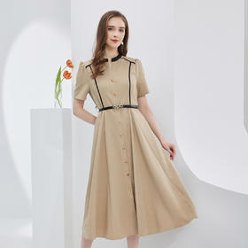 NF8C5斯尔丽瑟俪2023春夏新款撞色小立领显瘦装饰线收腰大摆简洁连衣裙