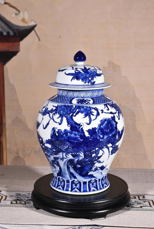 柴窑青花锦鸡牡丹富贵图将军罐 商品图0